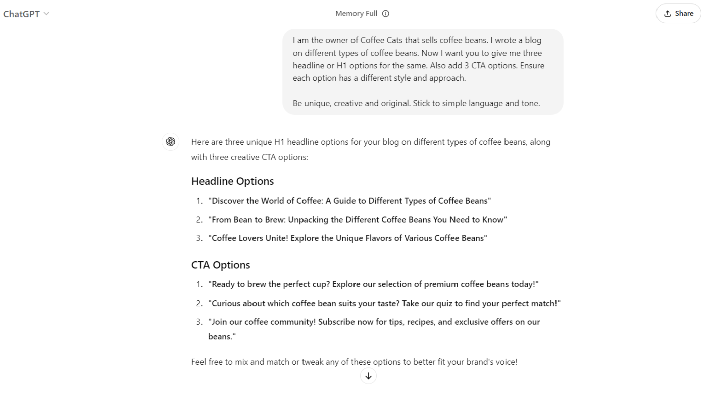How to Use ChatGPT for Copywriting: example of headlines and CTAs generated by ChatGPT
