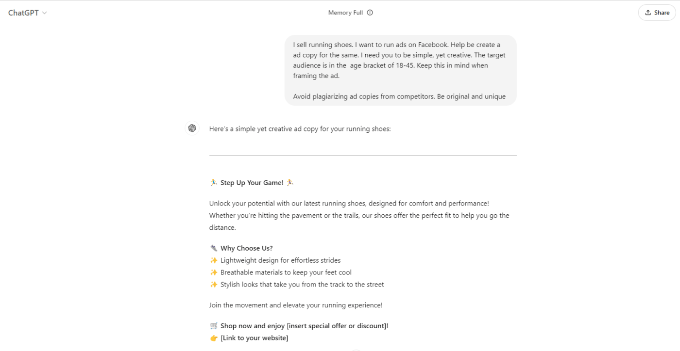 How to Use ChatGPT for Copywriting: example of ad copy generated by ChatGPT