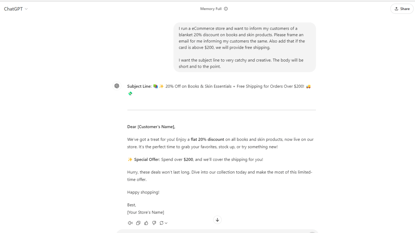 How to Use ChatGPT for Copywriting: example of email campaigns generated by ChatGPT