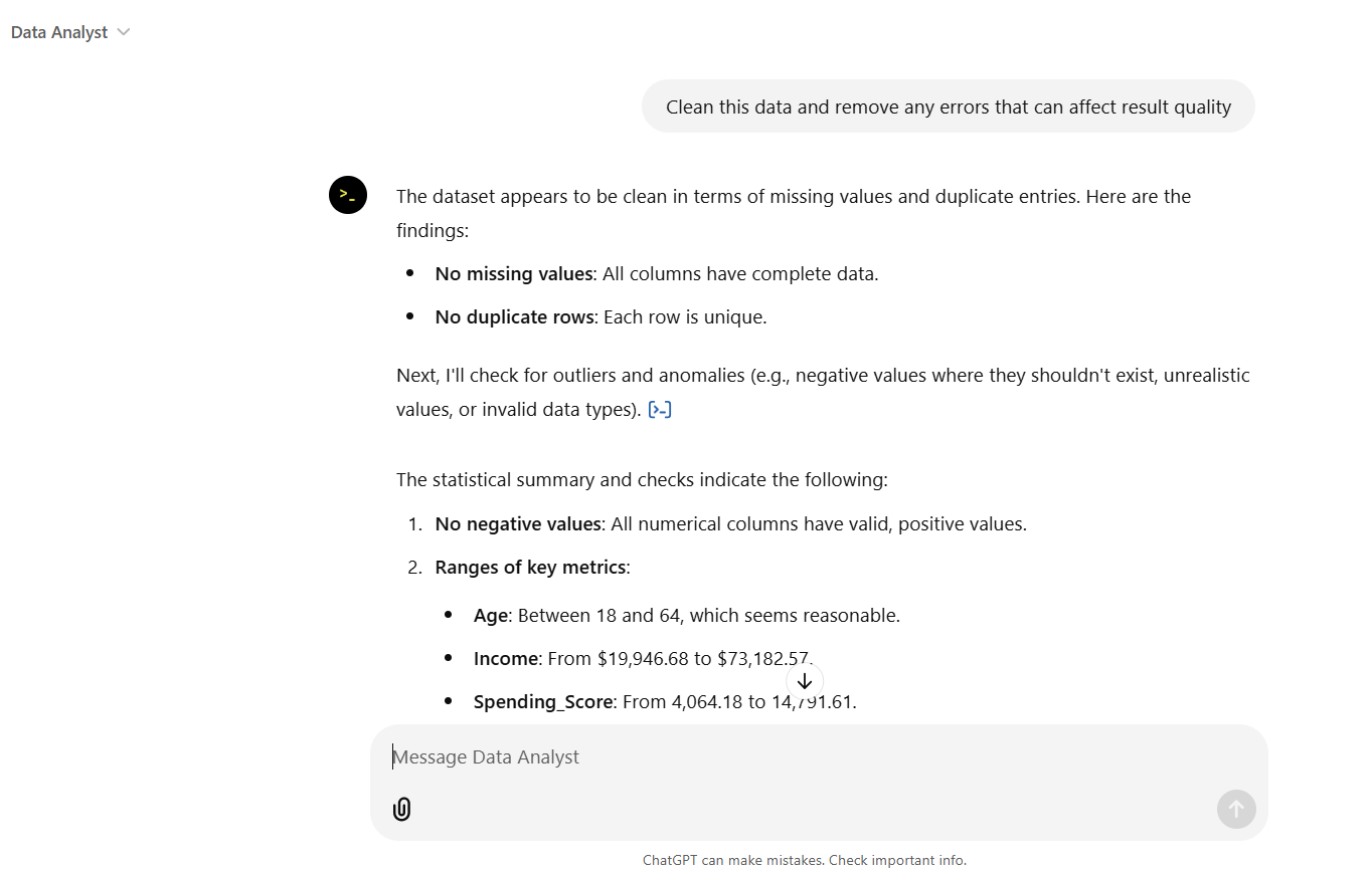 ChatGPT Code Interpreter cleaning the data before analysis