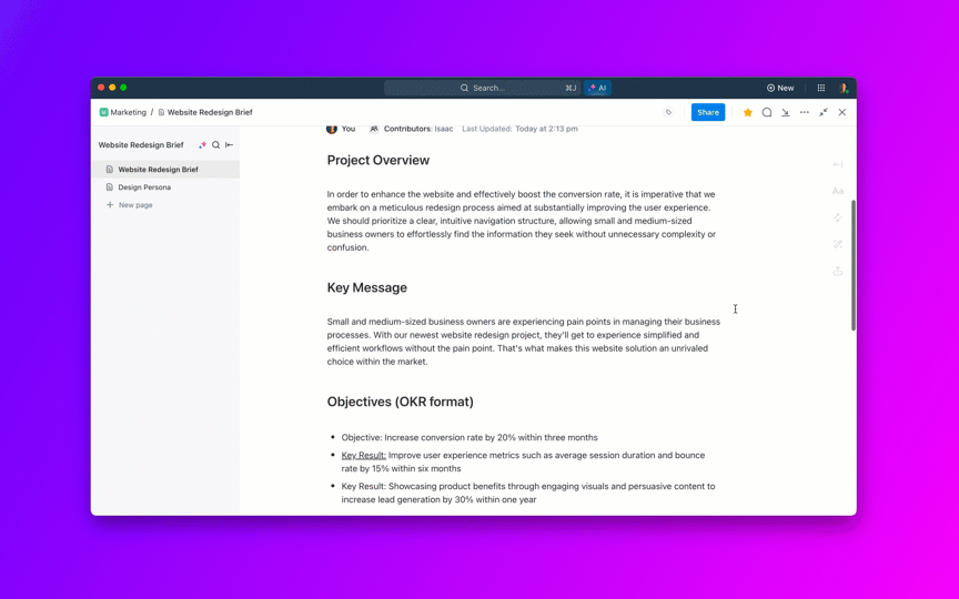 Improve the quality of your project status reports in seconds with ClickUp Brain