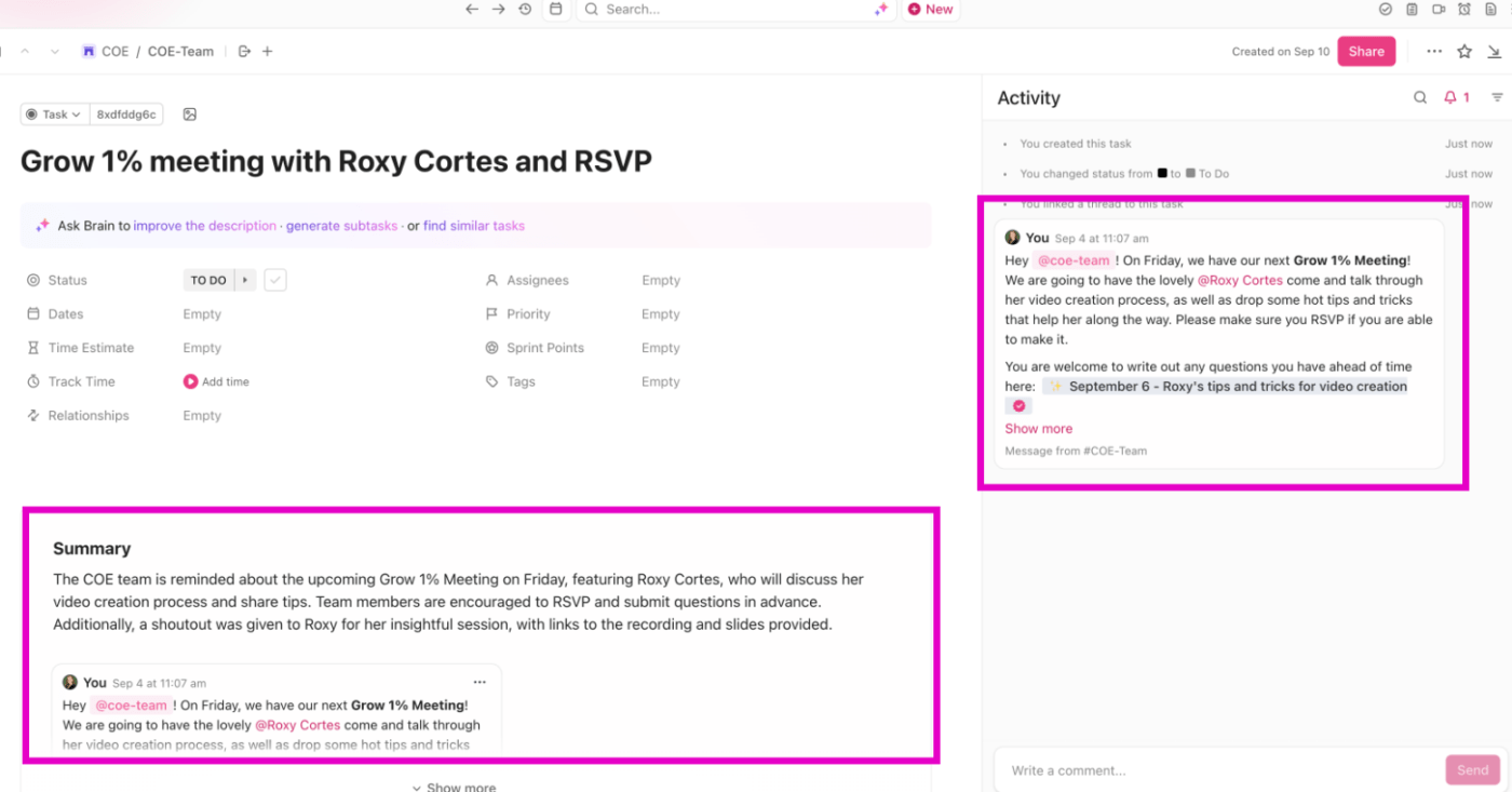 Get AI-powered summaries with ClickUp Brain in Chat