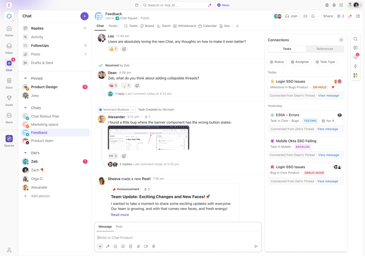 Communicate efficiently with your team using ClickUp Chat