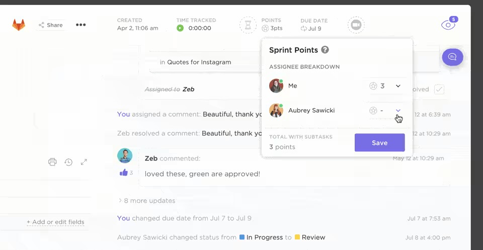 Roll up points from subtasks and assign them to team members with ClickUp Sprints : productive mindset