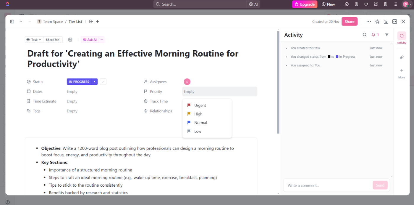 Use ClickUp Task Priorities to focus on your top tasks first : writer deadline management