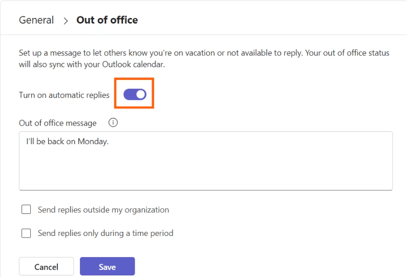 How to Set Out of Office in teams step 2