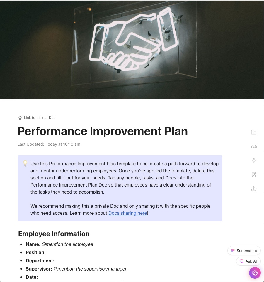 ClickUp Performance Improvement Plan Template