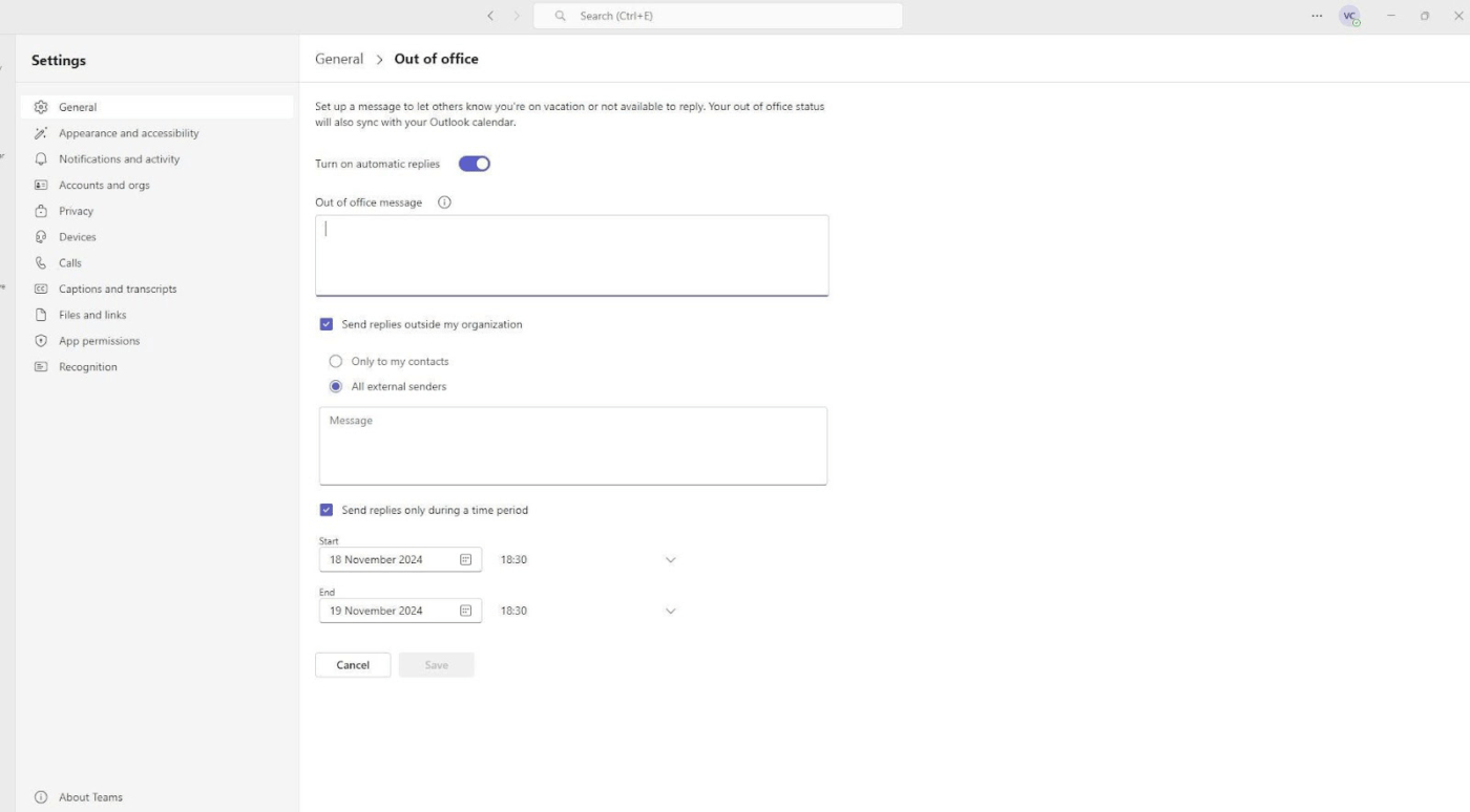How to Set Out of Office in teams step 4