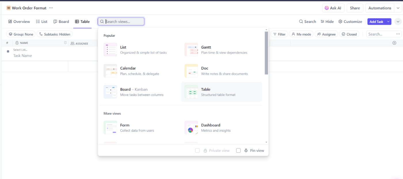 Set up your workspace Using ClickUp Table View