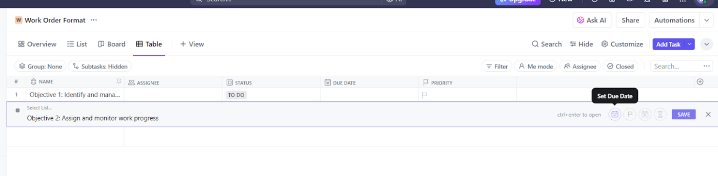 Set up your workspace Using ClickUp Table View 