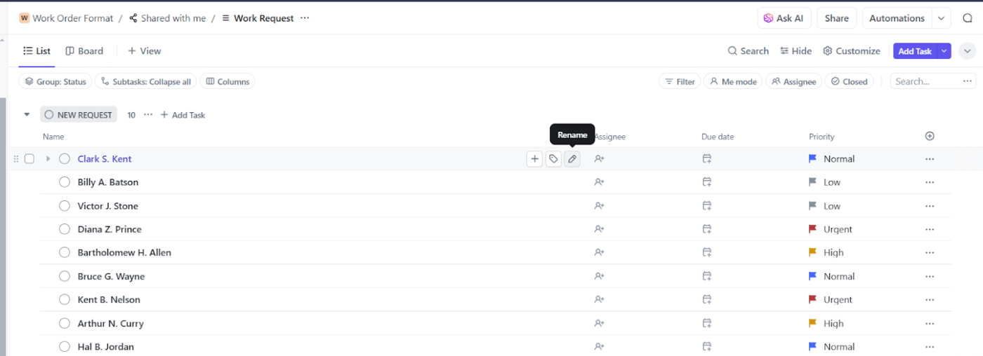 Set up your workspace with ClickUp Work Request Template: work order format