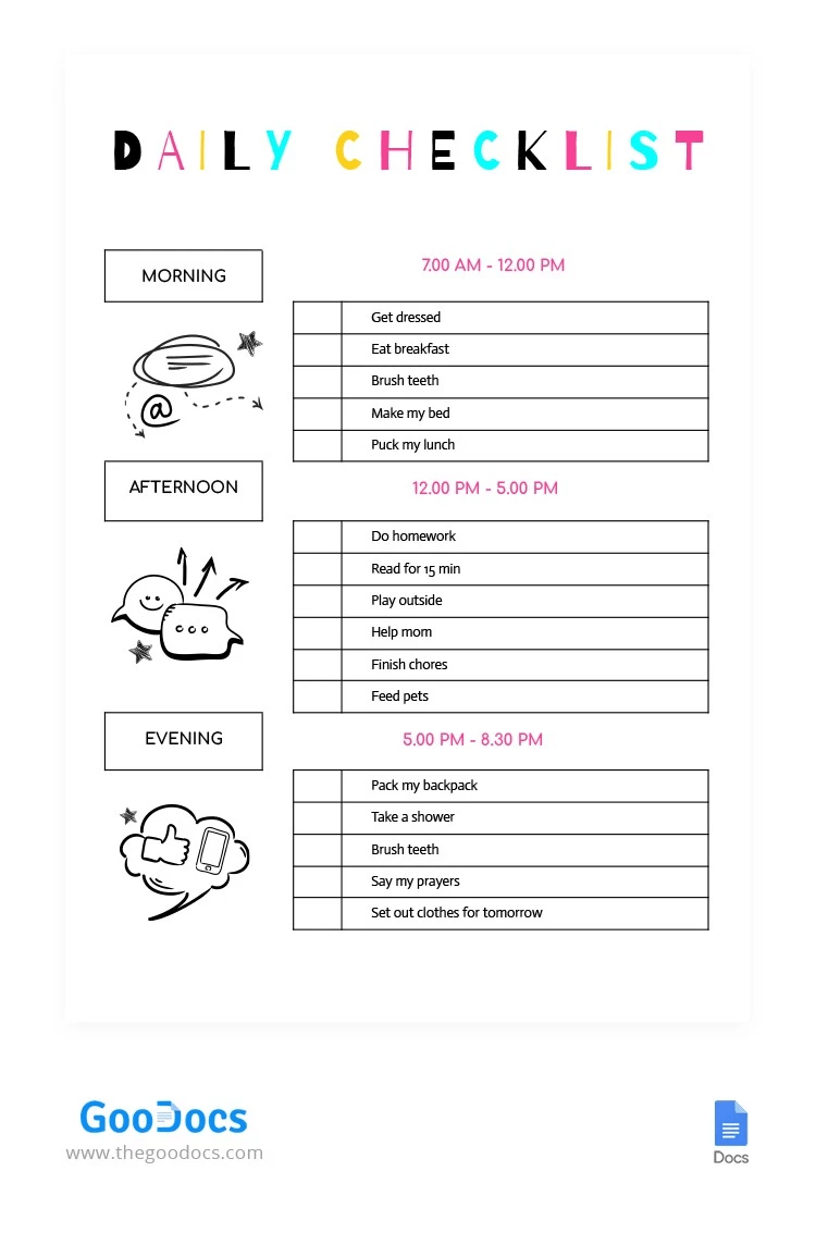 Daily Chore Checklist for Kids: to do list template google docs
