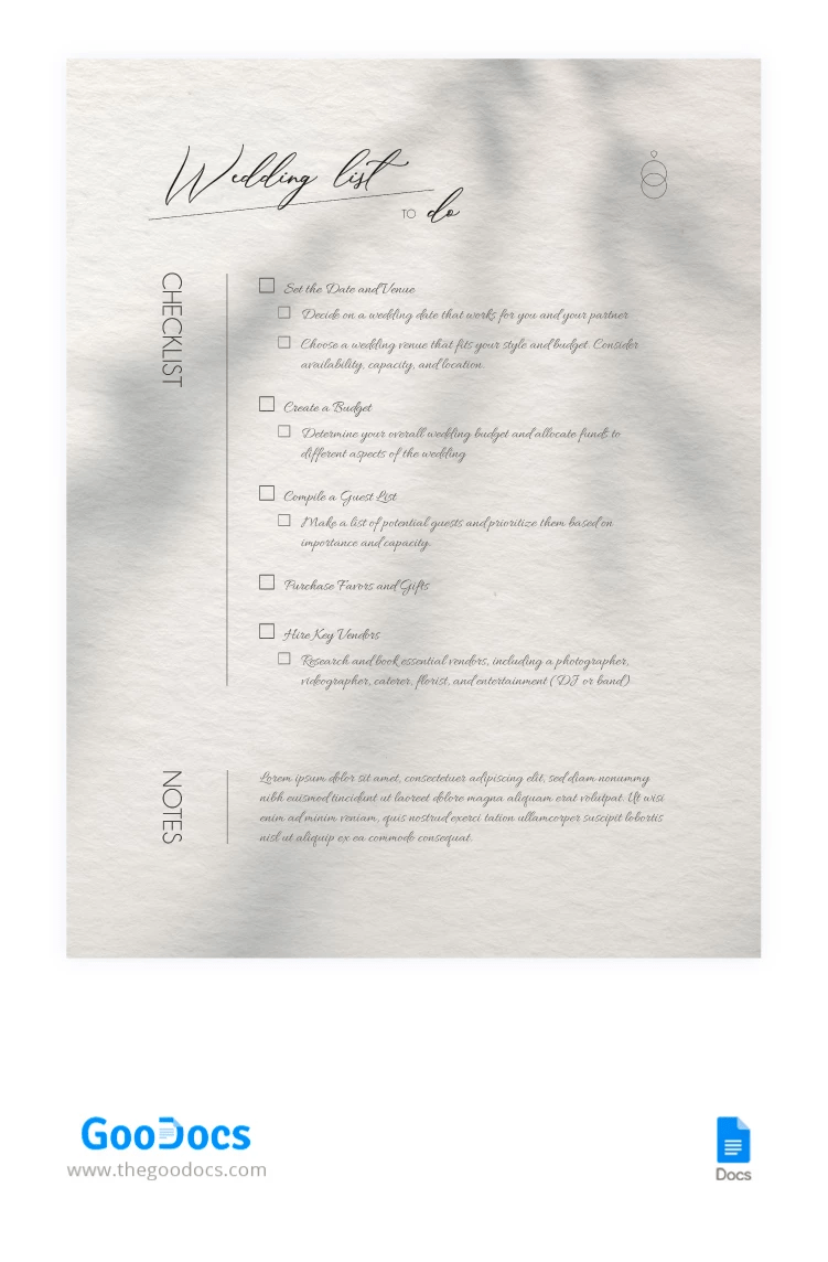 Formal Wedding List Template