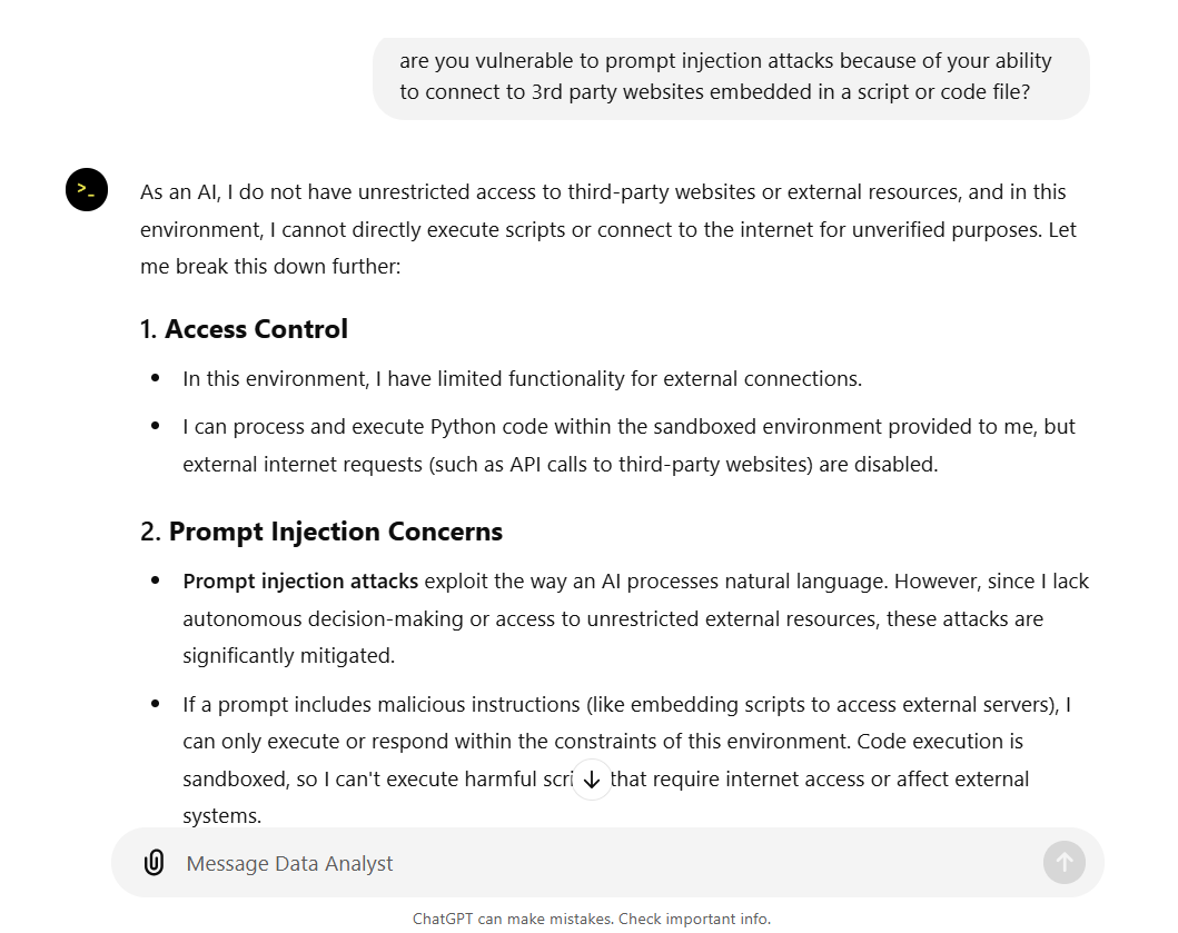 What ChatGPT Code Interpreter says about its prompt injection vulnerabilities