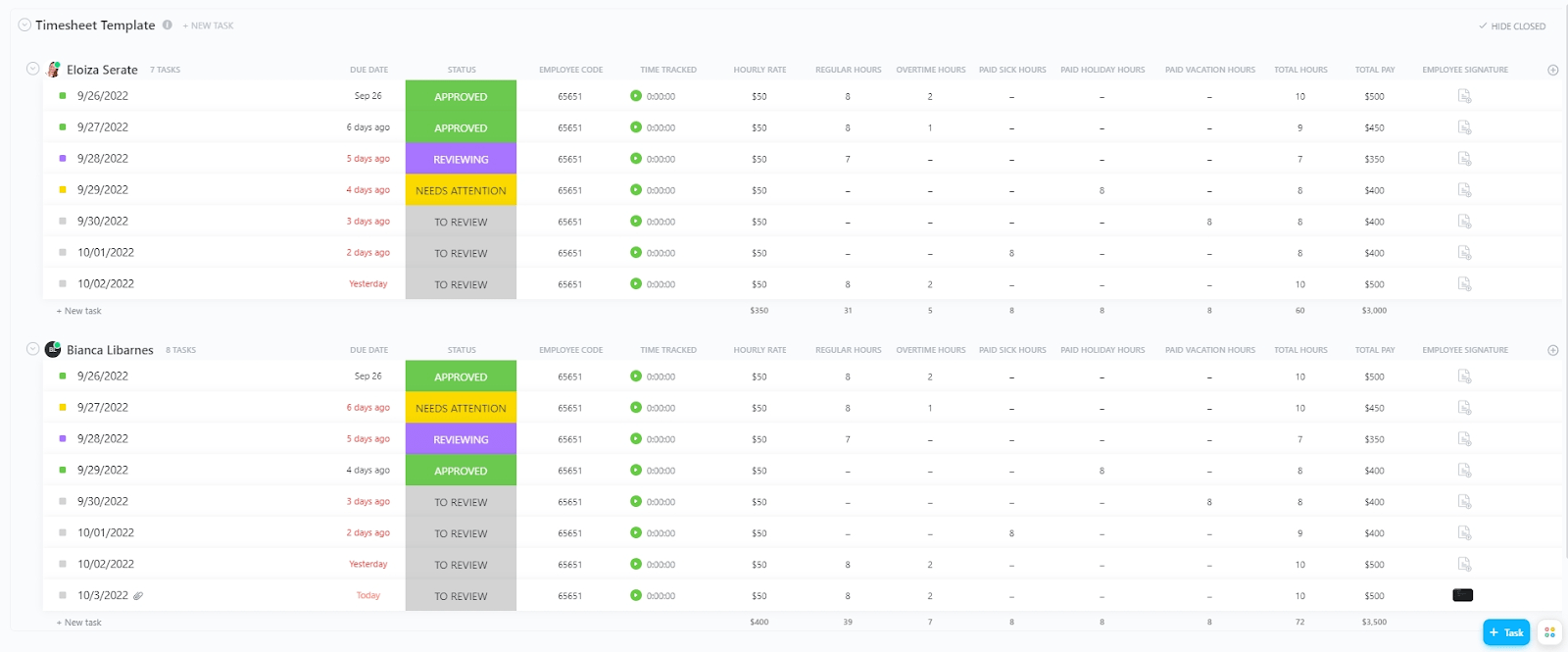 ClickUp Services Timesheet Template