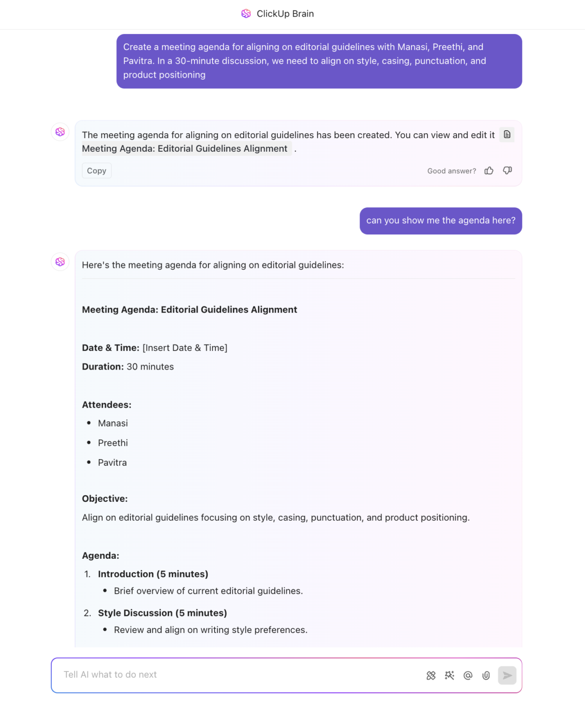 Create detailed meeting agendas with ClickUp Brain