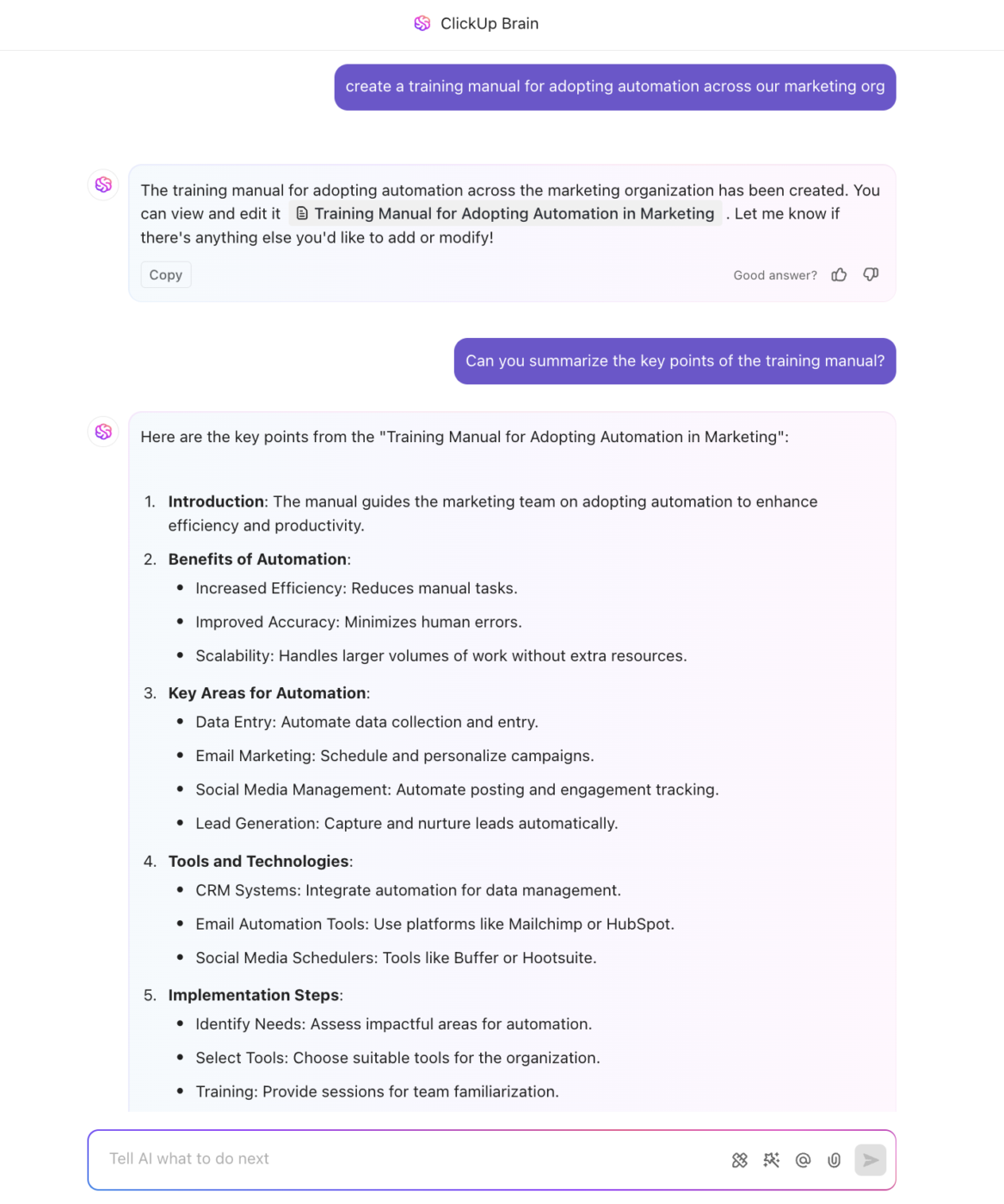 Create in-depth training guides for adopting automation across your org using ClickUp Brain