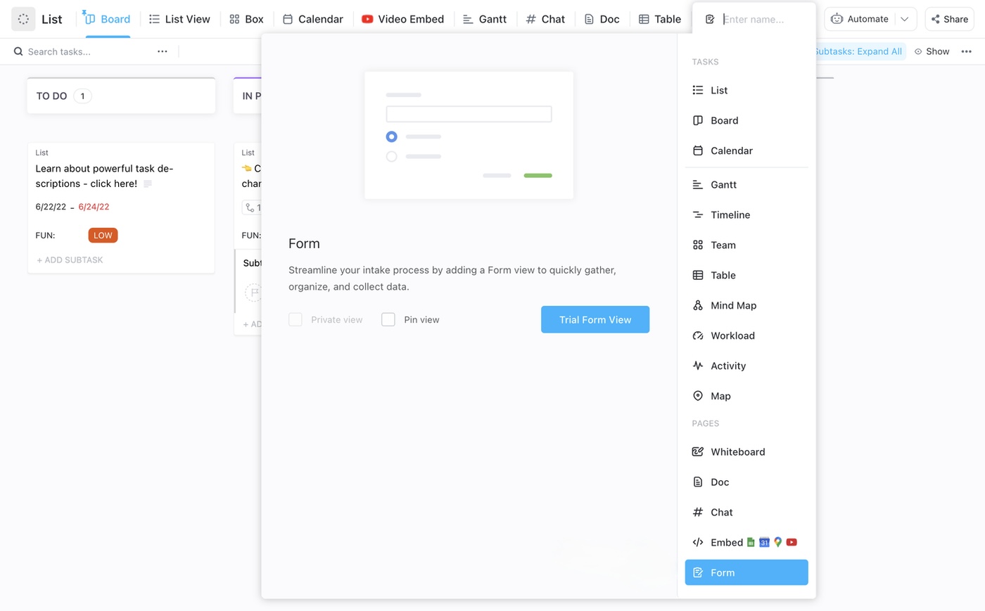 Add a Form View in ClickUp to collect responses and turn them into actionable tasks