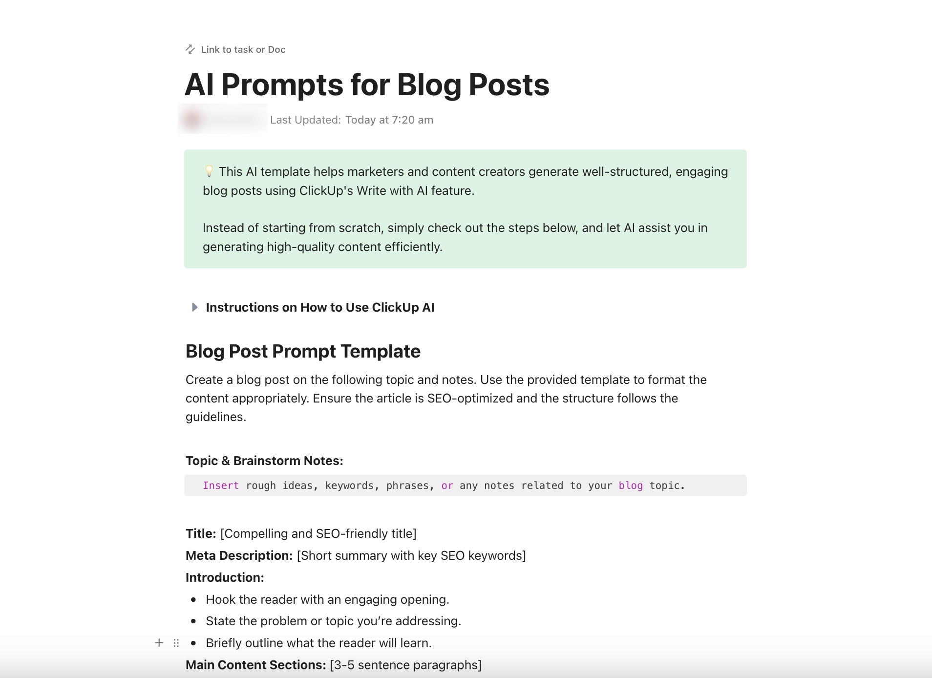 ClickUp AI Prompt for Blog Posts Template