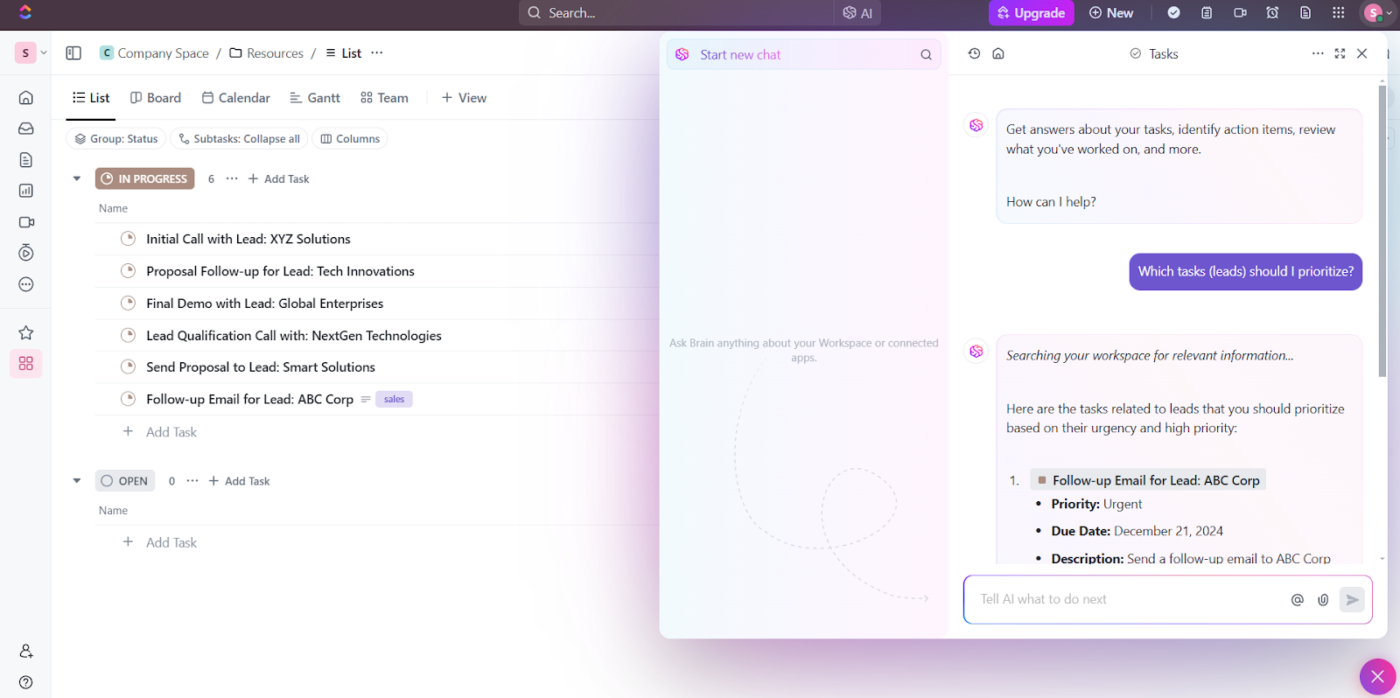 Leverage AI with ClickUp Brain to predict lead behavior and streamline decision-making : How to prioritize sales leads