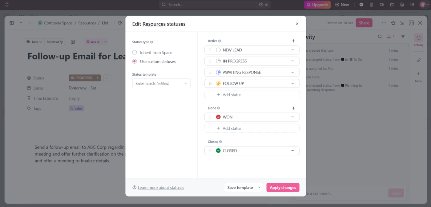 Streamline your sales process with ClickUp Custom Task Statuses : How to prioritize sales leads