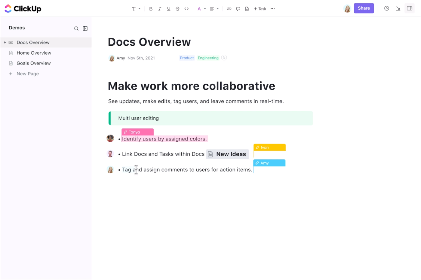 Simplify resource sharing and collaboration with ClickUp Docs