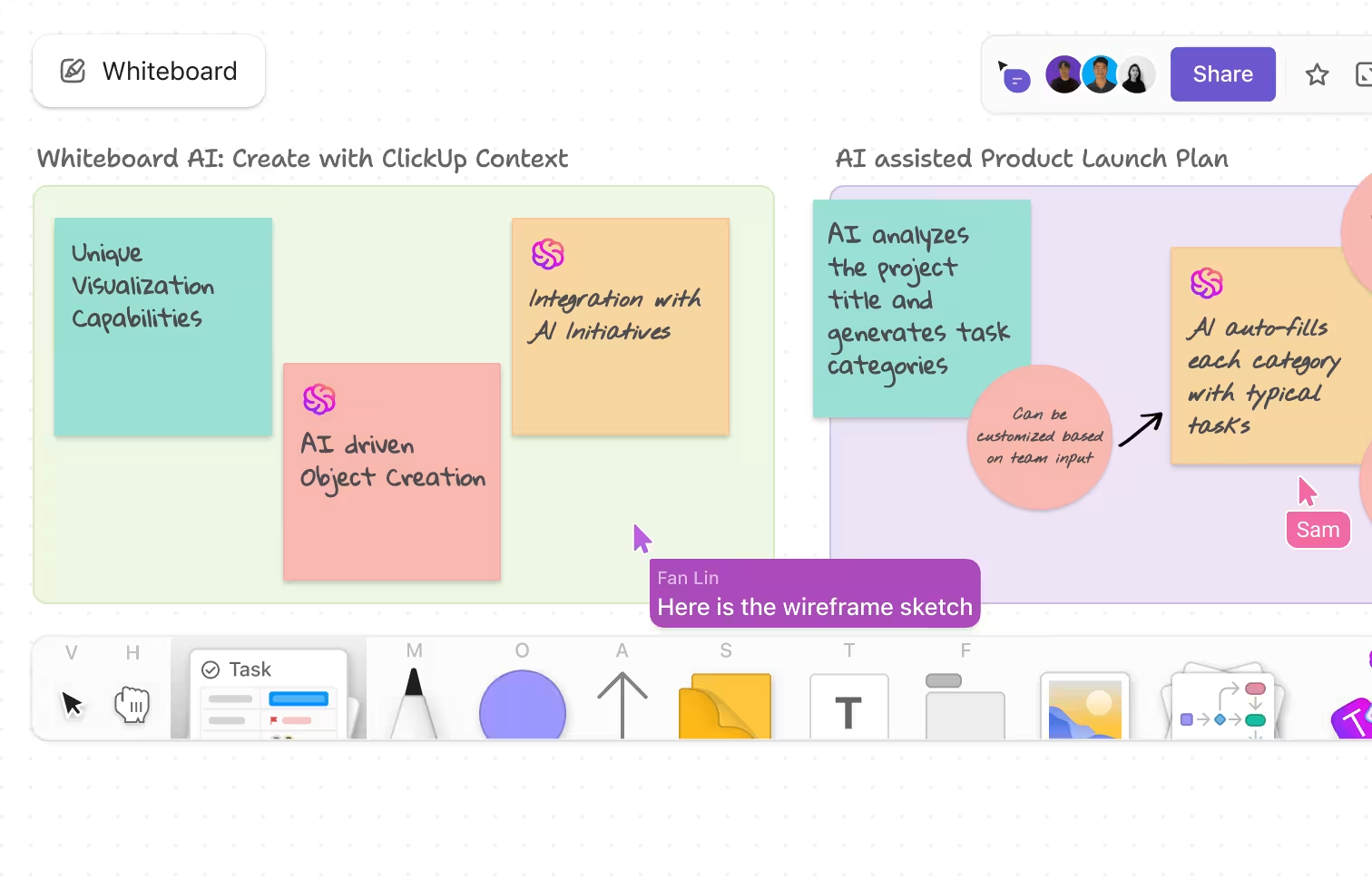 Virtual whiteboards in ClickUp help teams brainstorm ideas, map out business processes, and turn ideas into action