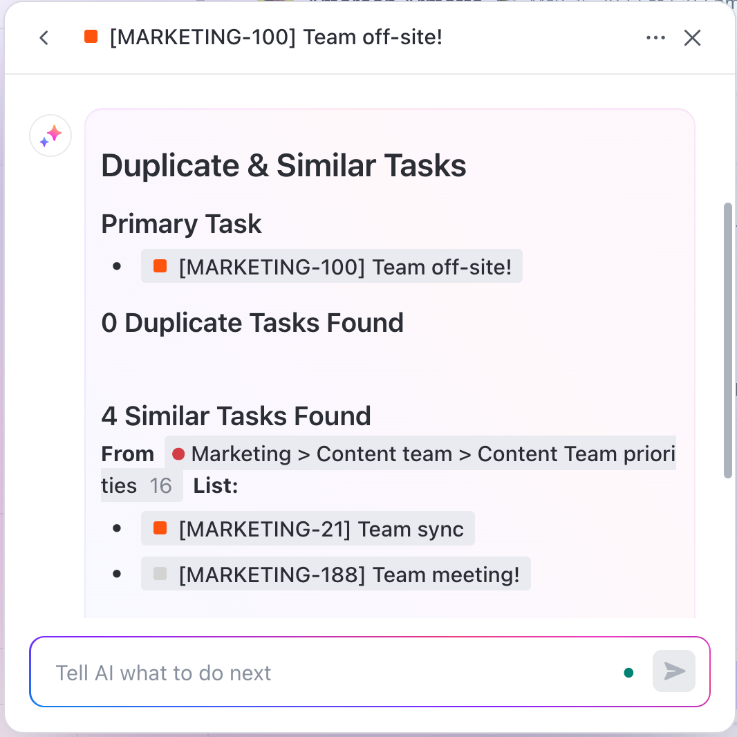Find duplicating or merging marketing tasks with ClickUp Brain 