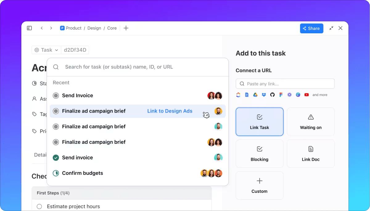 Connect tasks and goals in ClickUp to stay on top of all your deliverables