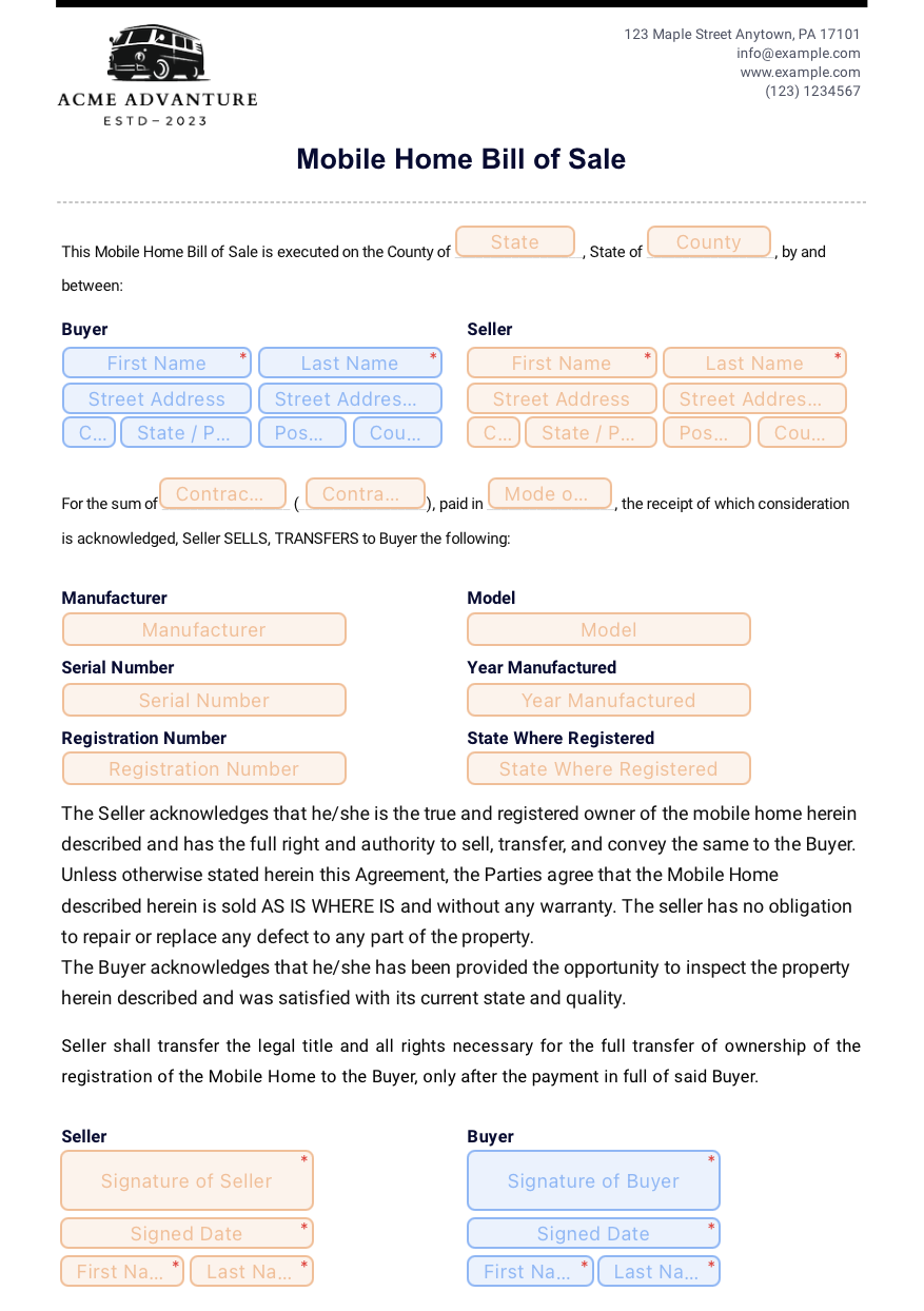 The Mobile Home Bill of Sale Template helps you capture every detail of your transaction clearly.