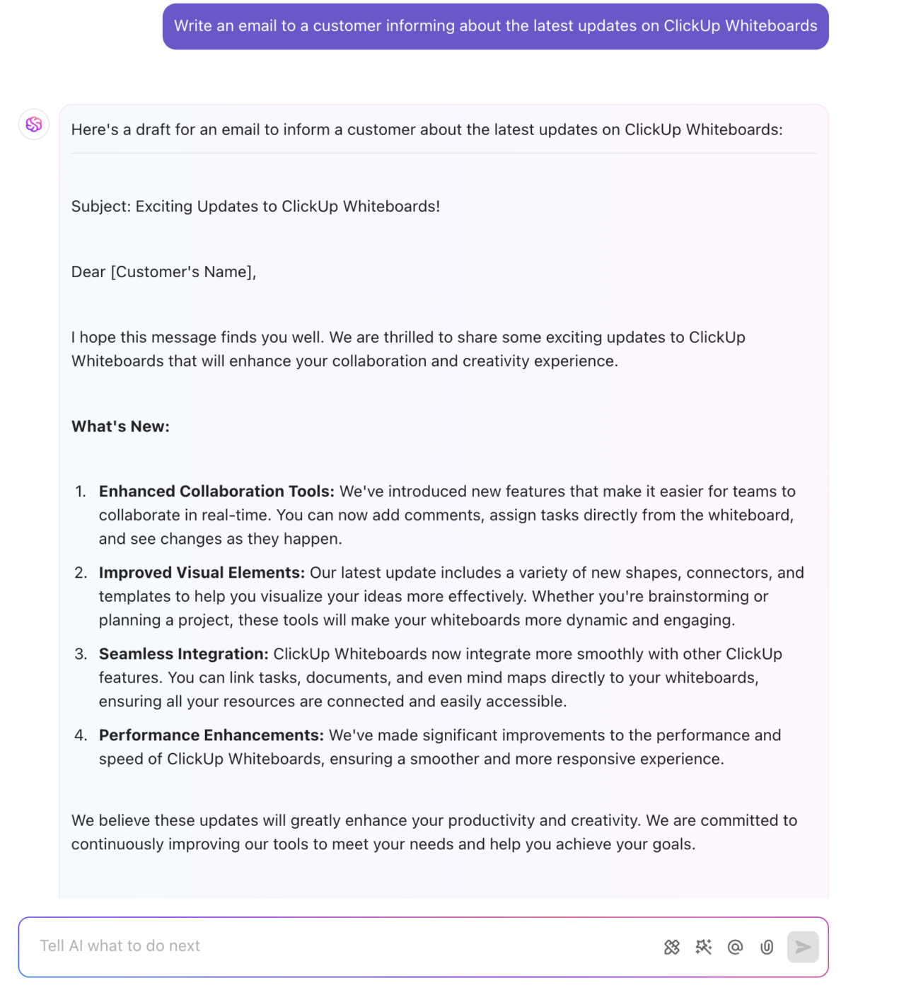 Sample ClickUp Brain Email: enterprise generative ai tools