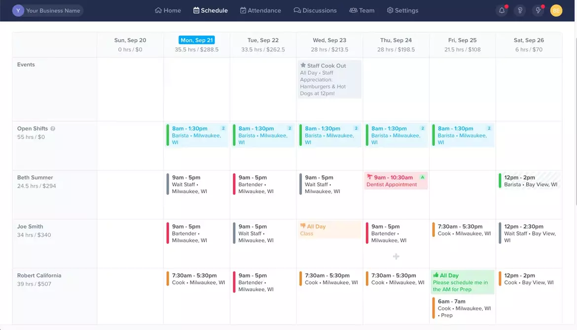 ZoomShift is a company that specializes in scheduling for shift-based businesses, offering tools to manage employee availability, shifts, and labor costs.