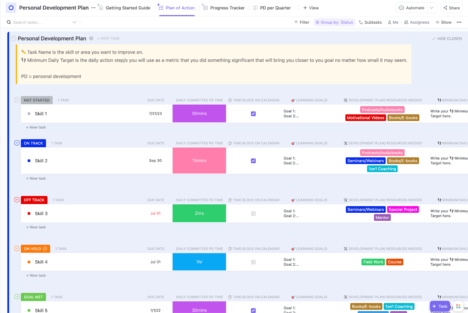 ClickUp’s Personal Development Plan Template