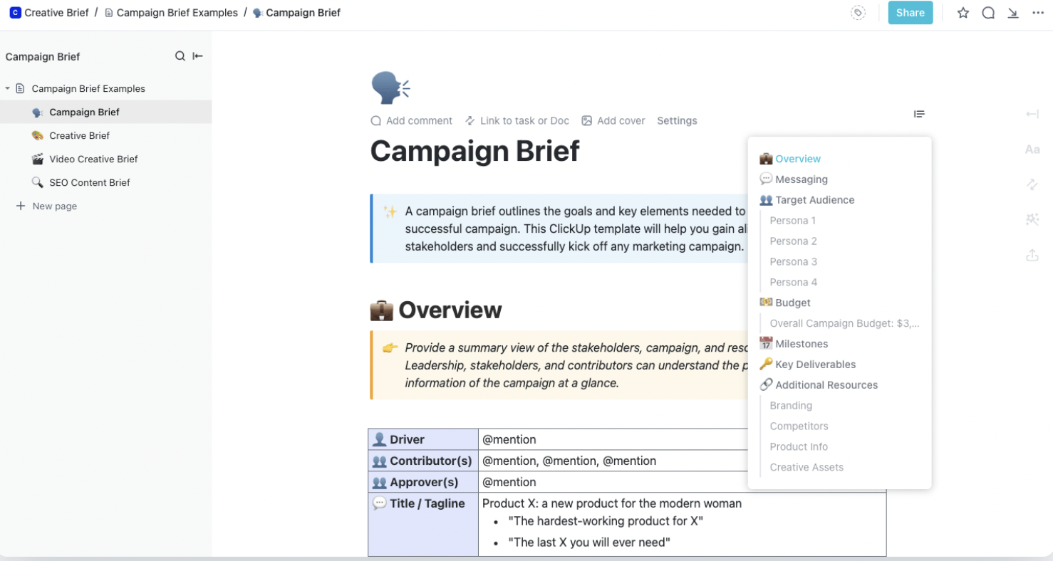 New to writing campaign briefs? The best place to start is with a customizable template like the Campaign Brief Template by ClickUp!