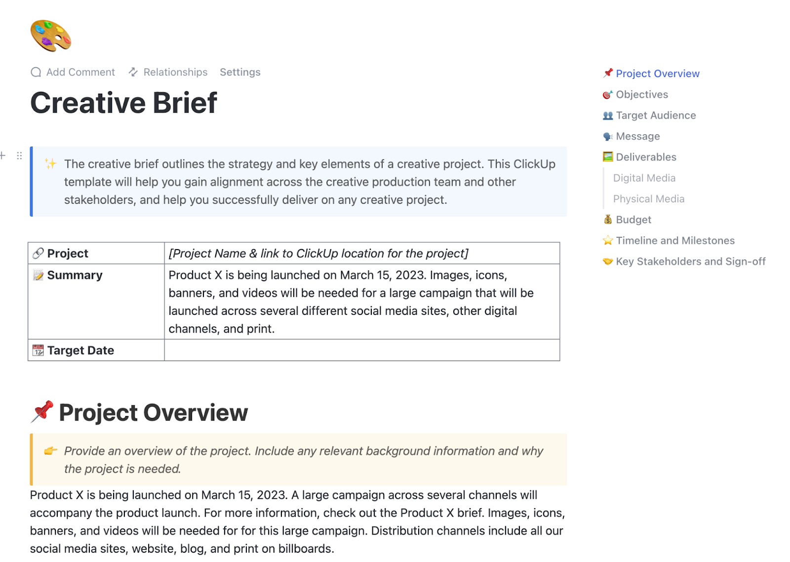 Align production teams and stakeholders to deliver creative projects by outlining the overall strategy and key elements within the ClickUp Creative Brief Document Template
