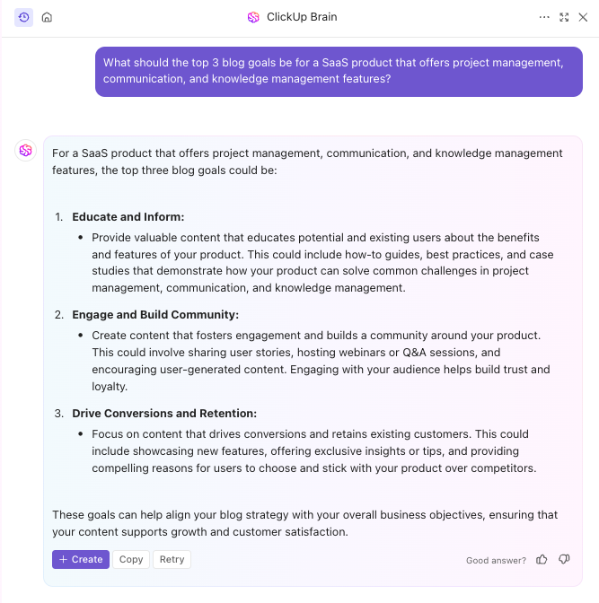 ClickUp Brain helps you create blog goals