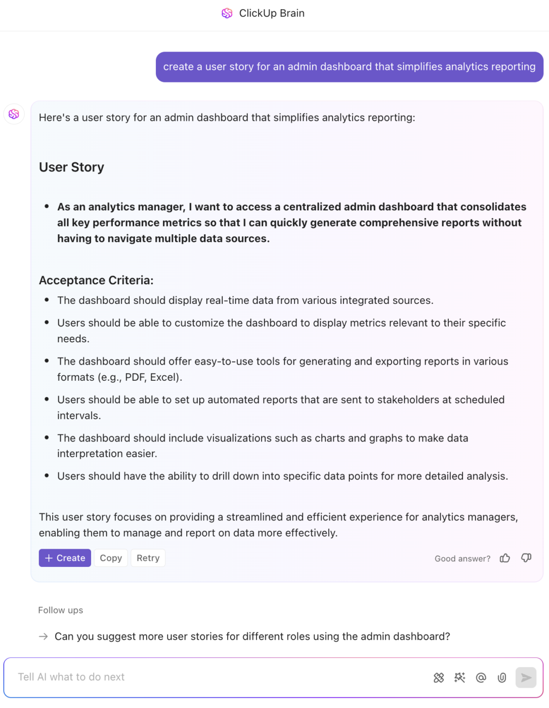 ClickUp Brain user story and acceptance criteria creation