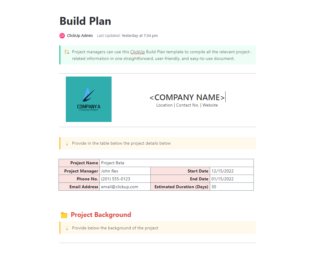 ClickUp's Build Plan template
