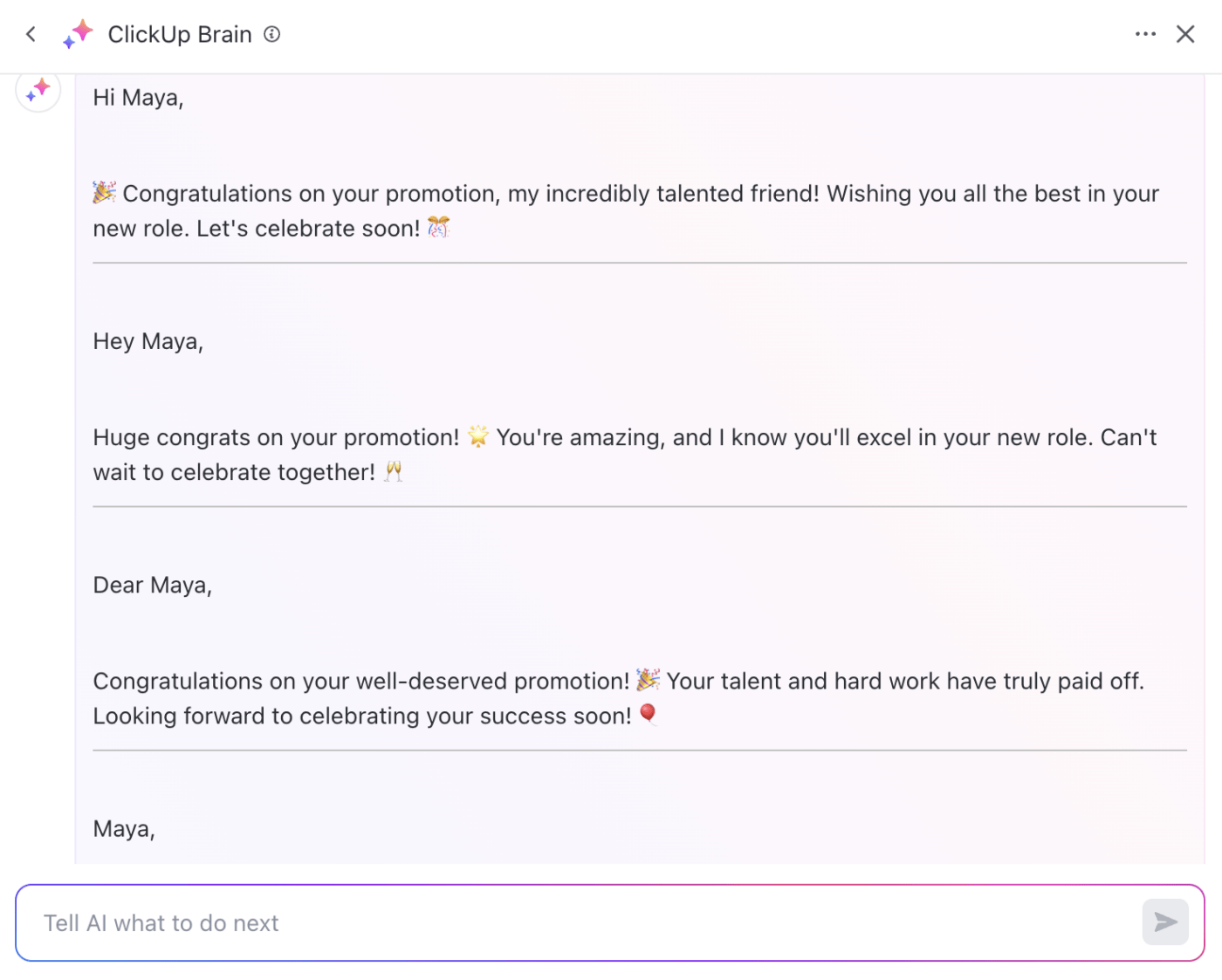 ClickUp Brain congratulations message