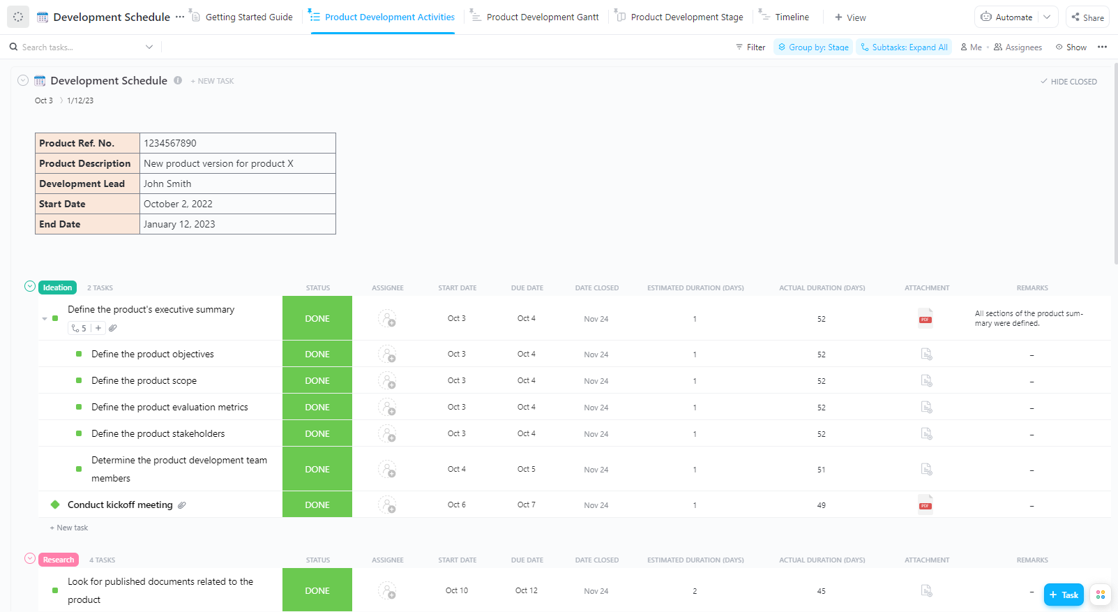 ClickUp's Development Schedule template