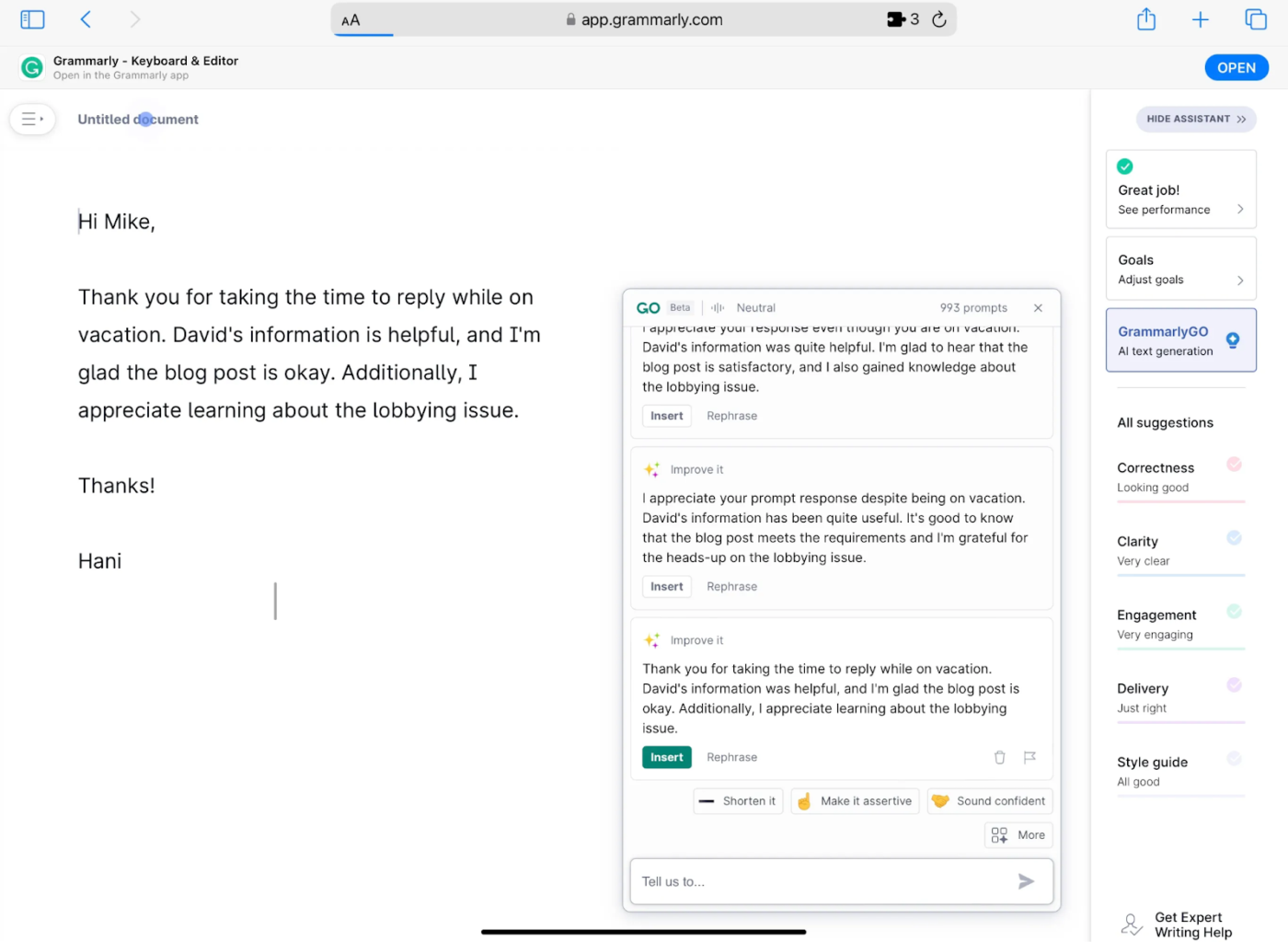 GrammarlyGO: AI writing assistant with a user-friendly interface