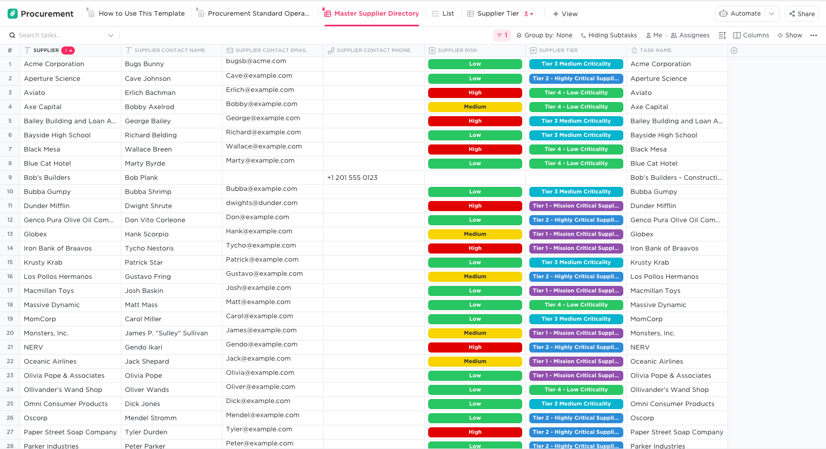 Create a comprehensive directory of all your vendor details with Clickup’s procurement template so you have them in one place