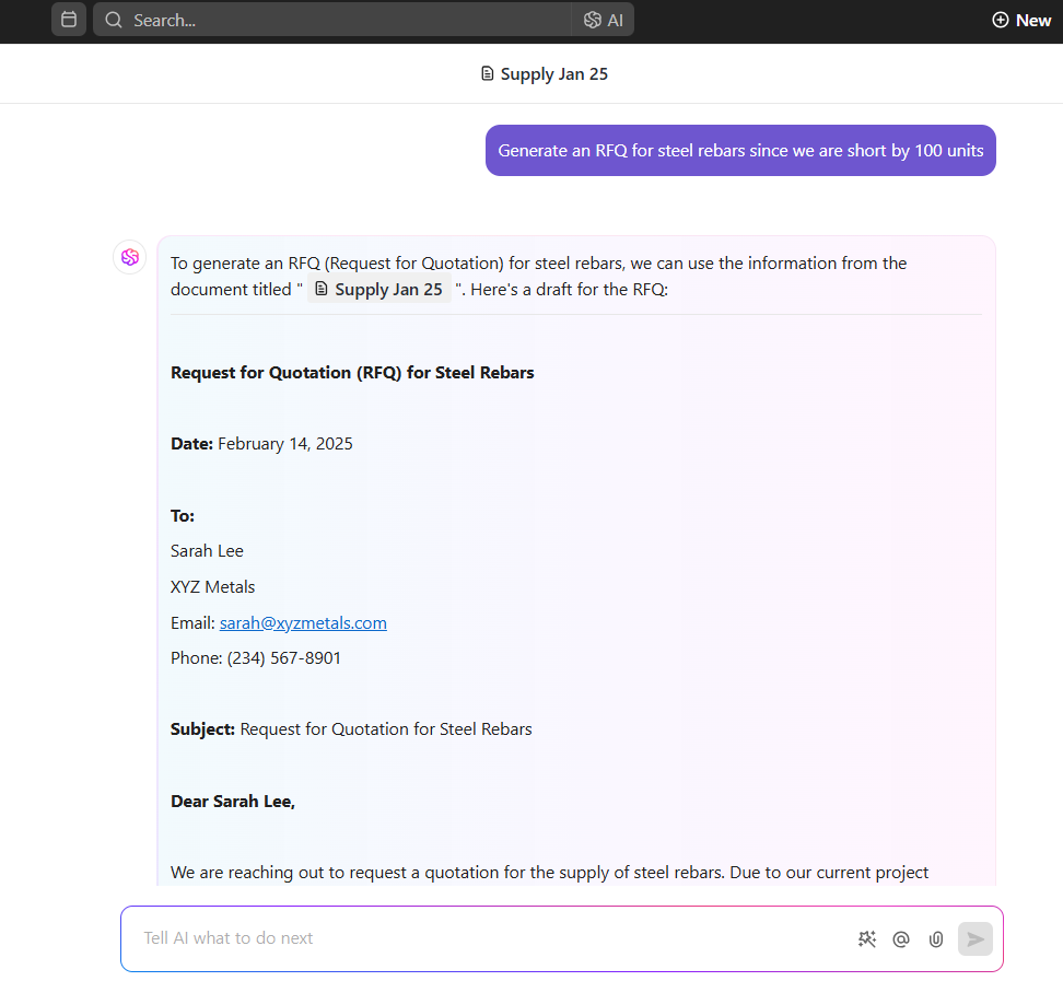 Quickly draft RFQs with ClickUp Brain
