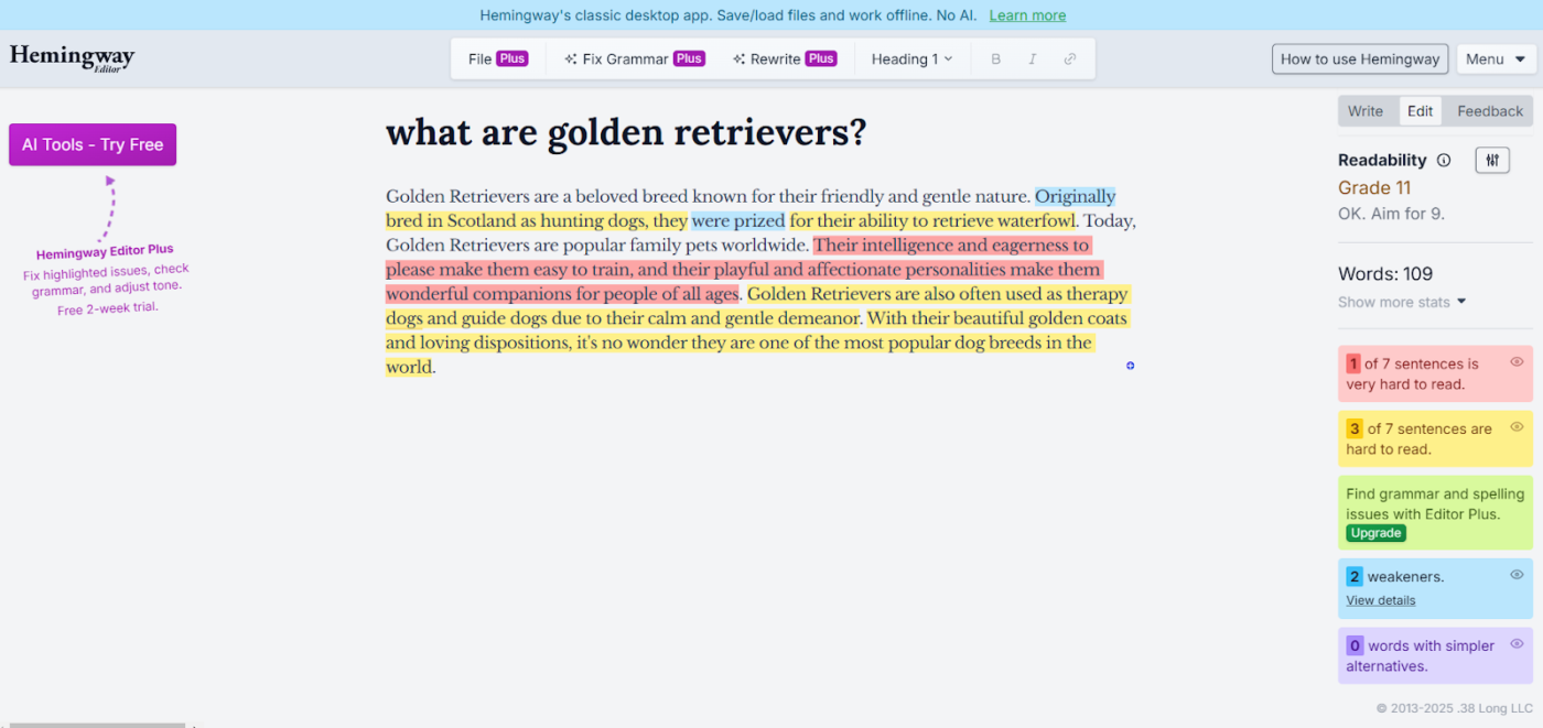 Wordtune Alternative: Hemingway Editor- Best for simplifying complex sentence structures
