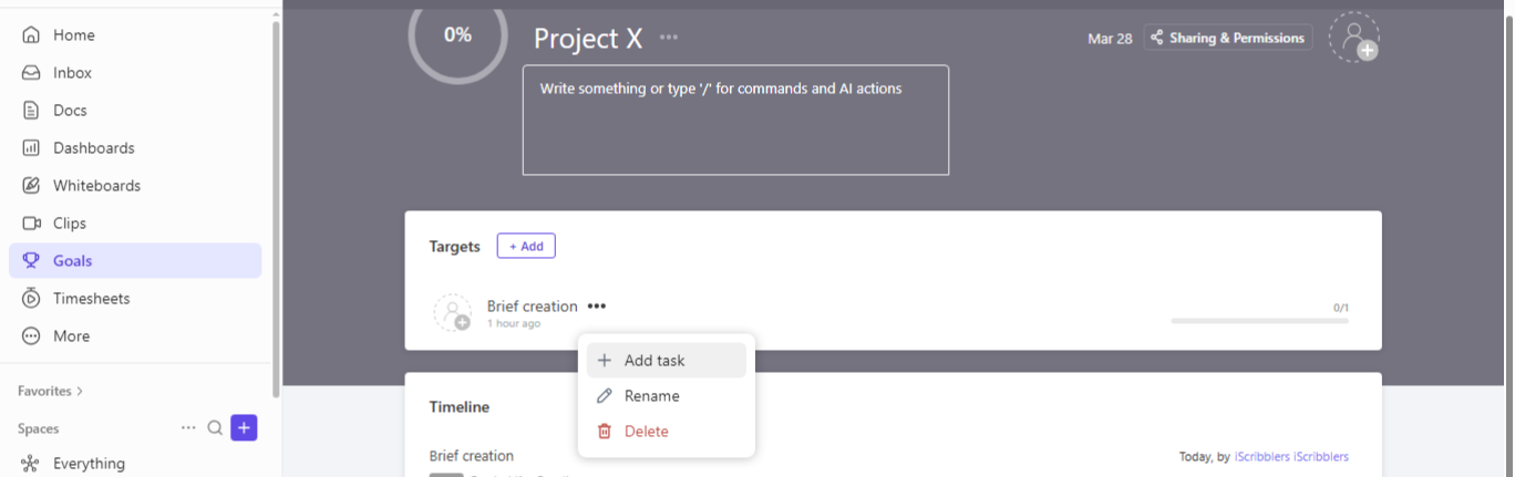 Adding a task type target in ClickUp Goals