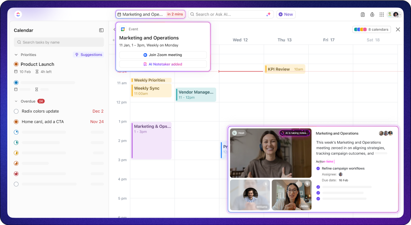 ClickUp AI Notetaker and Calendar: Calendar sync with meeting notes