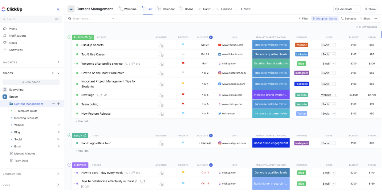 ClickUp Content Management Template