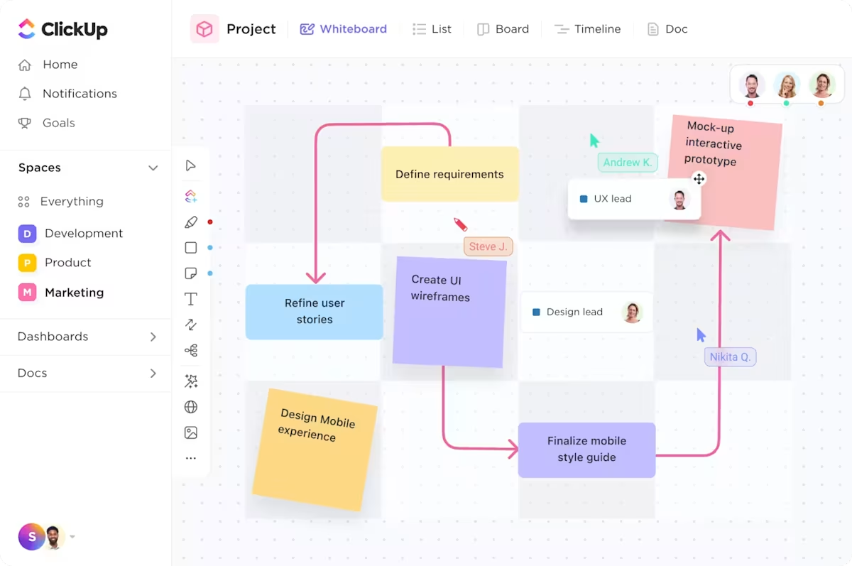 ClickUp’s Whiteboard makes it easy for team members to collaborate, brainstorm, organize ideas, and draw connections