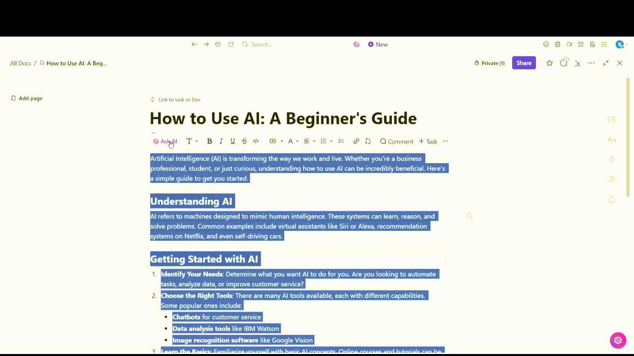 ClickUp Brain: AI assistant with editing capabilities