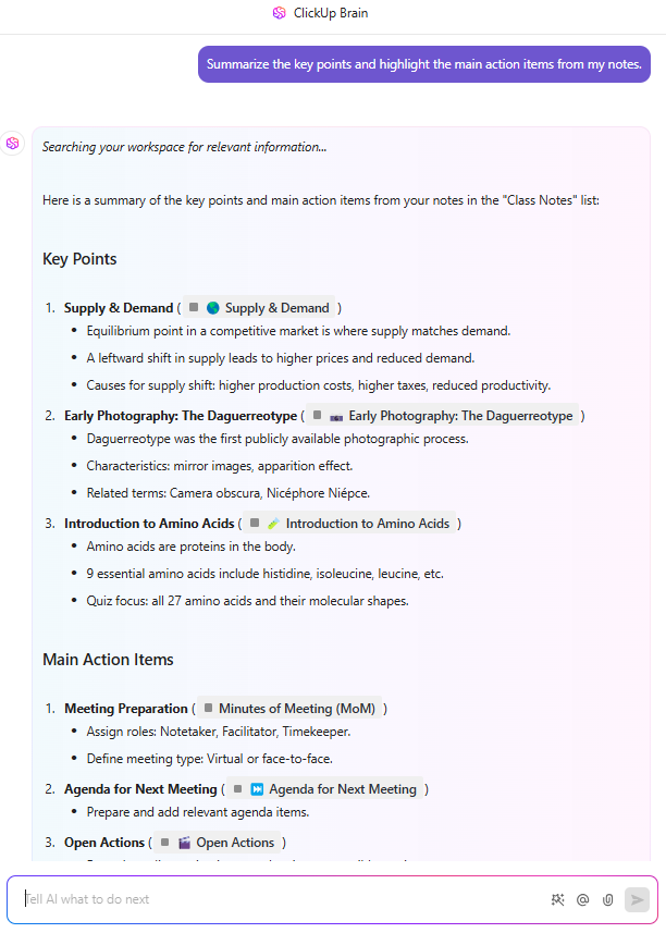 Summarize notes with ClickUp Brain : Note Taking Templates